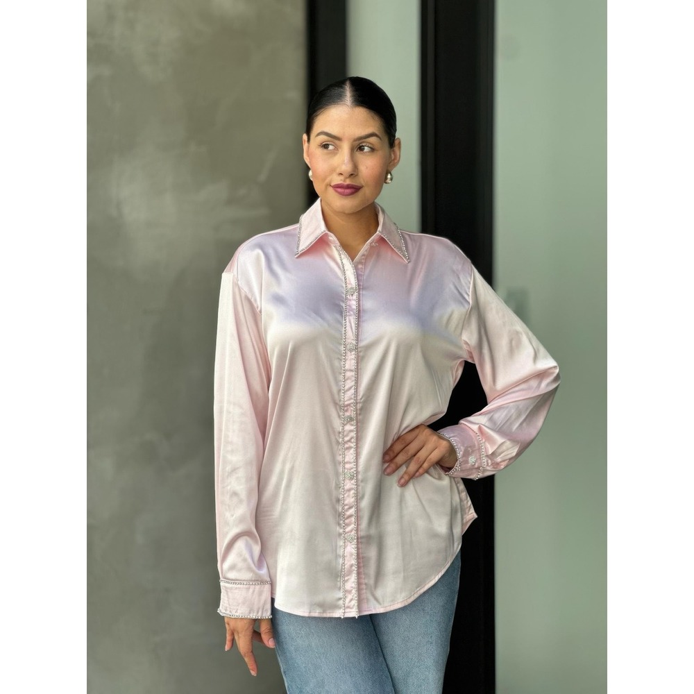 Boutique Satin Button Down Women Medium Pink  Rhinestone Trim‎ Blouse